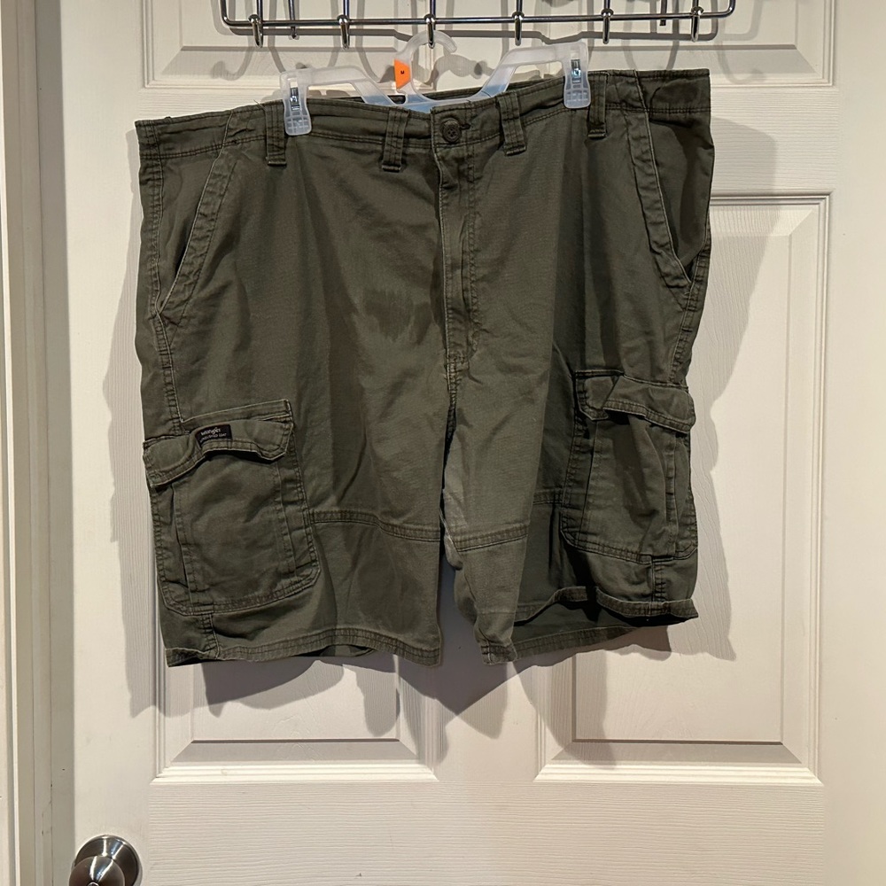 Green and beige cargo shorts